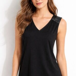 AMANDA UPRICHARD Black V Neck Tank Top Faux Leather Shoulder Trim Minimalist